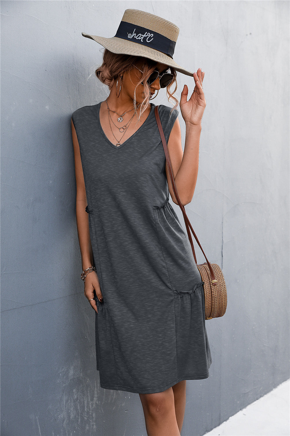 Casual  Chic Style  V-Neck Frill Trim Sleeveless Dress