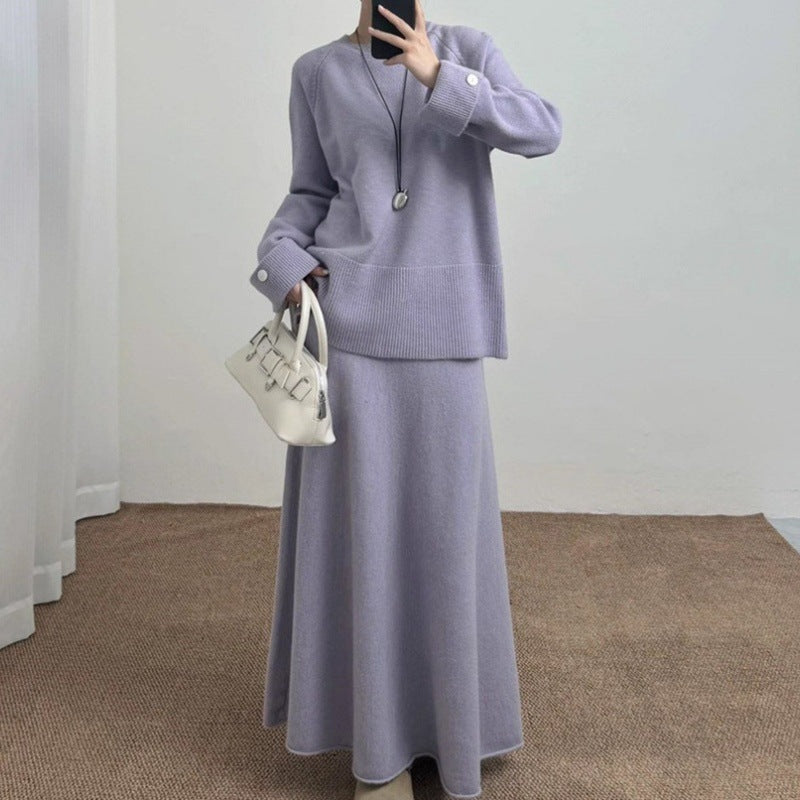 Knitted Modern Outfits with Long Skirt and Top Sweater with Raglan Sleeve-2 -Piece