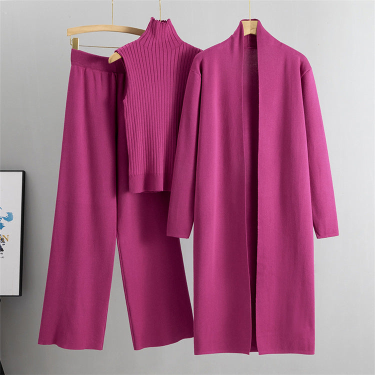 Three-piece Set Knitting  Suits  with Vest Sweater, Long Cardigan & Wide-leg Pants Three-piece Set