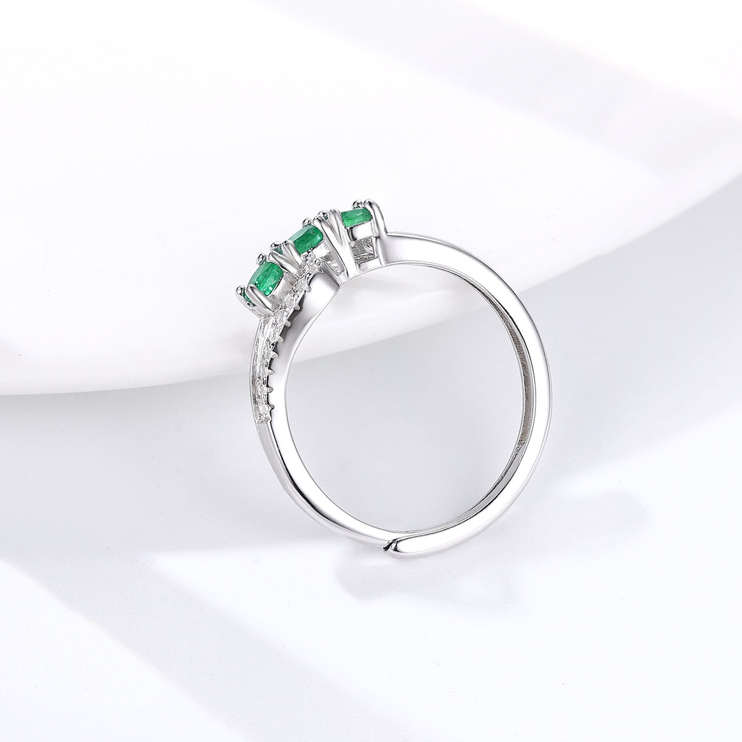 Classic 3 Stone Natural Emerald Ring 925 Sterling Silver - Fully Adjustable to Any Size.