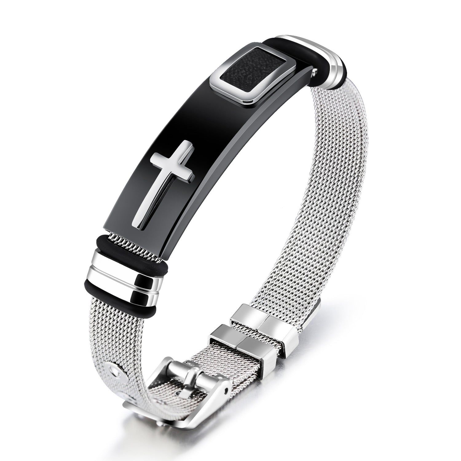 Steel Mesh Titanium Cross Faith Bracelet for Men- Adjustable Size.