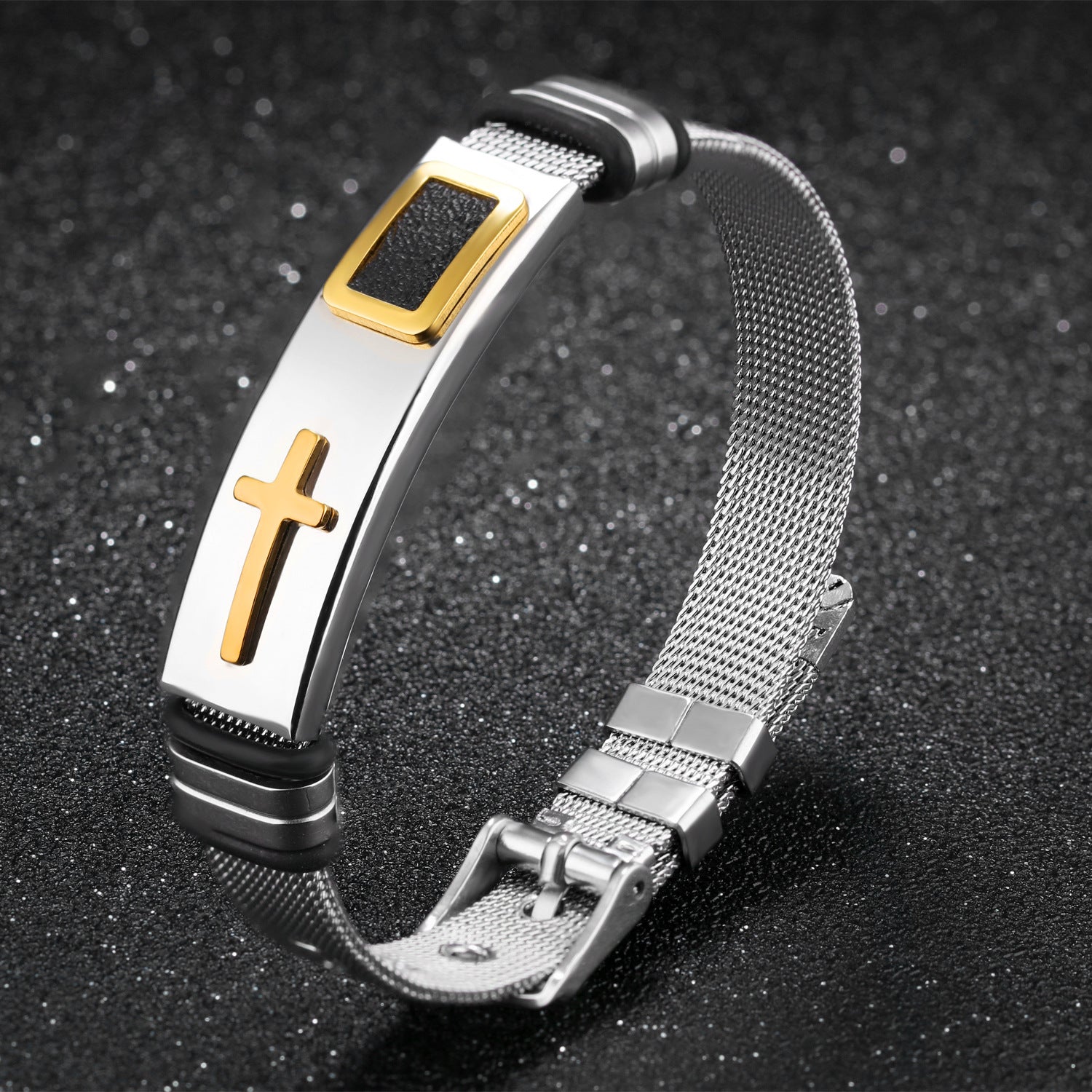 Steel Mesh Titanium Cross Faith Bracelet for Men- Adjustable Size.