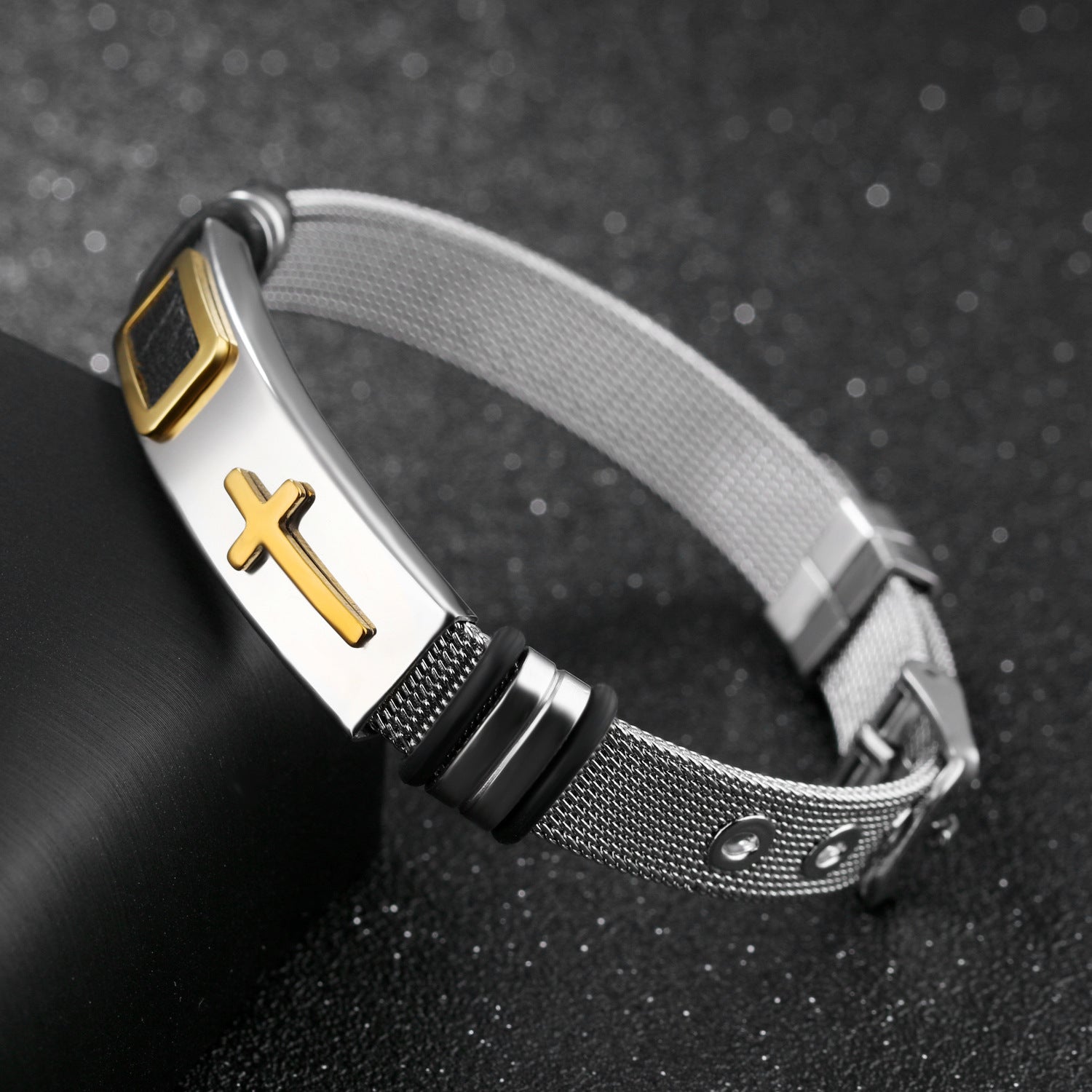 Steel Mesh Titanium Cross Faith Bracelet for Men- Adjustable Size.