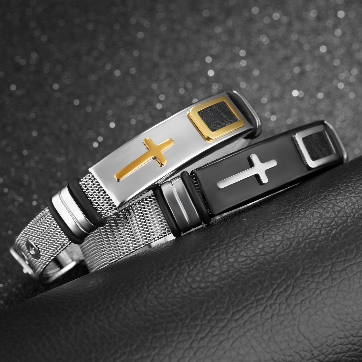 Steel Mesh Titanium Cross Faith Bracelet for Men- Adjustable Size.