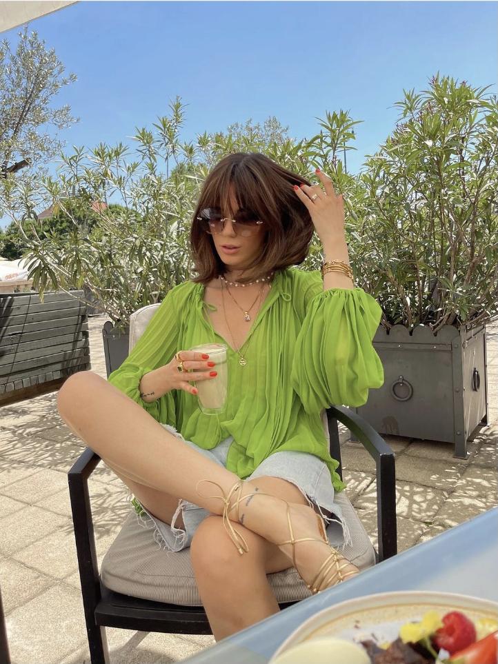 Green Silk Crepe Blouse with Intricate Detailing