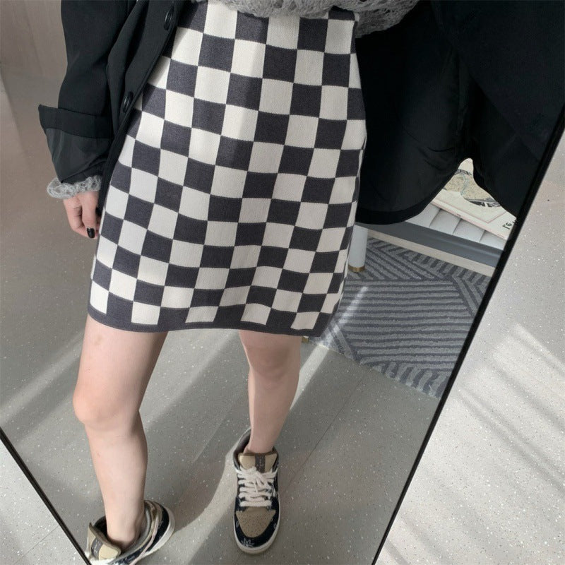 Checkerboard Knitted  High Waist  Skirt