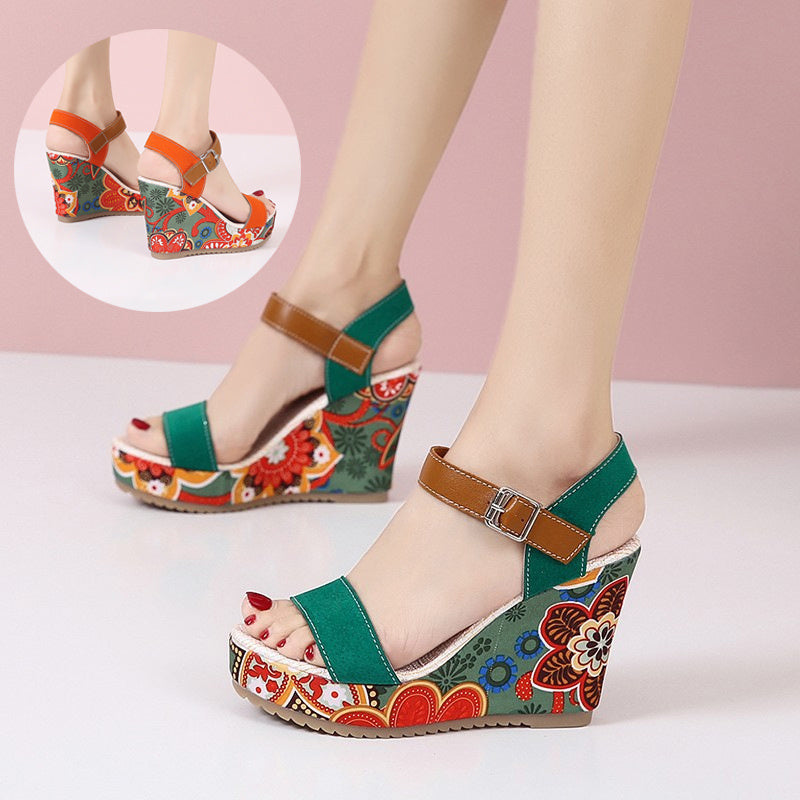 Embroidered Floral Platform High Wedge Sandals