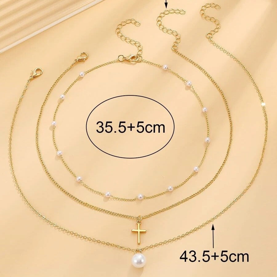 Fashion Multi-layer Pearl Necklace Cross