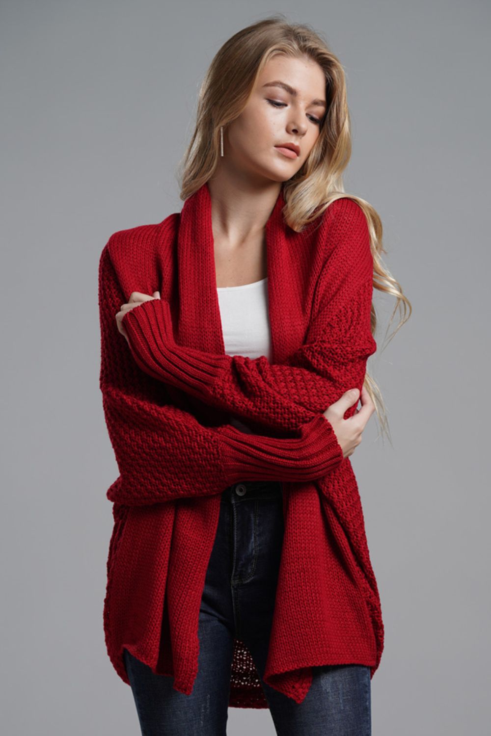 Ease Up Dolman Sleeve Open-Front Long Knit Cardigan