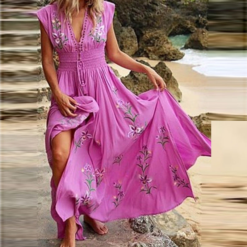 Summer Boho V-neck Fringed Loose Maxi Dress