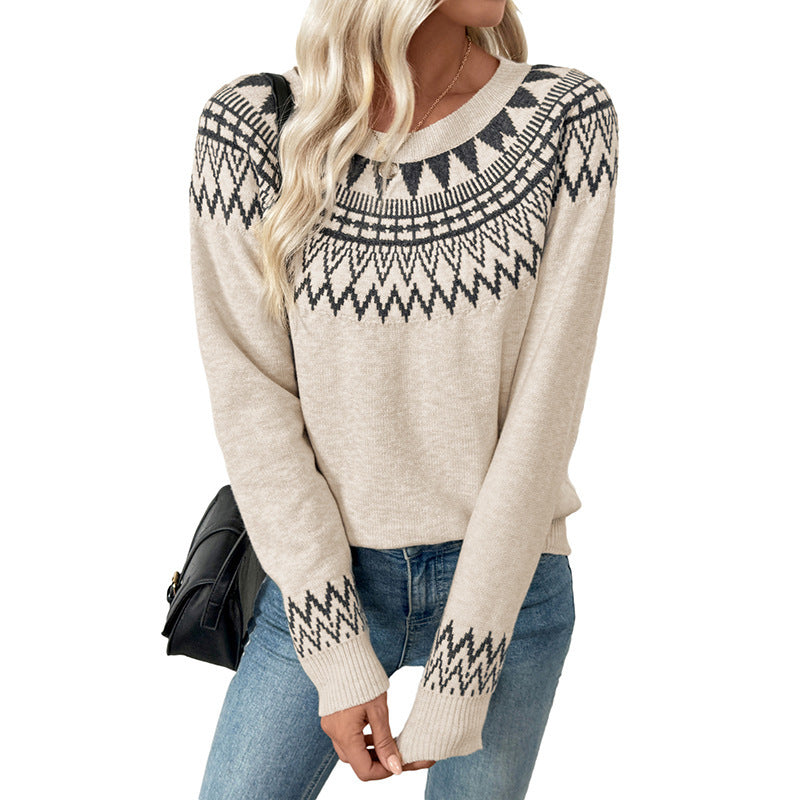 Geometrical Art Round Neck Pullover Knitted Sweater
