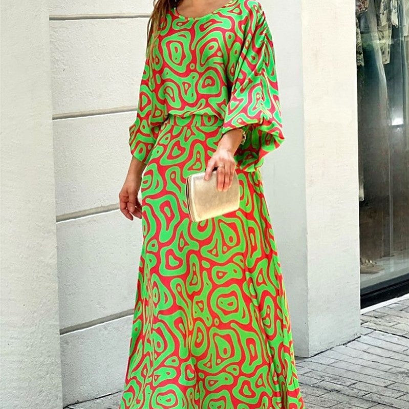 Fashion Loose Printed 2-Pcs  Set with Long Sleeve Top & High Waist Long Skirt