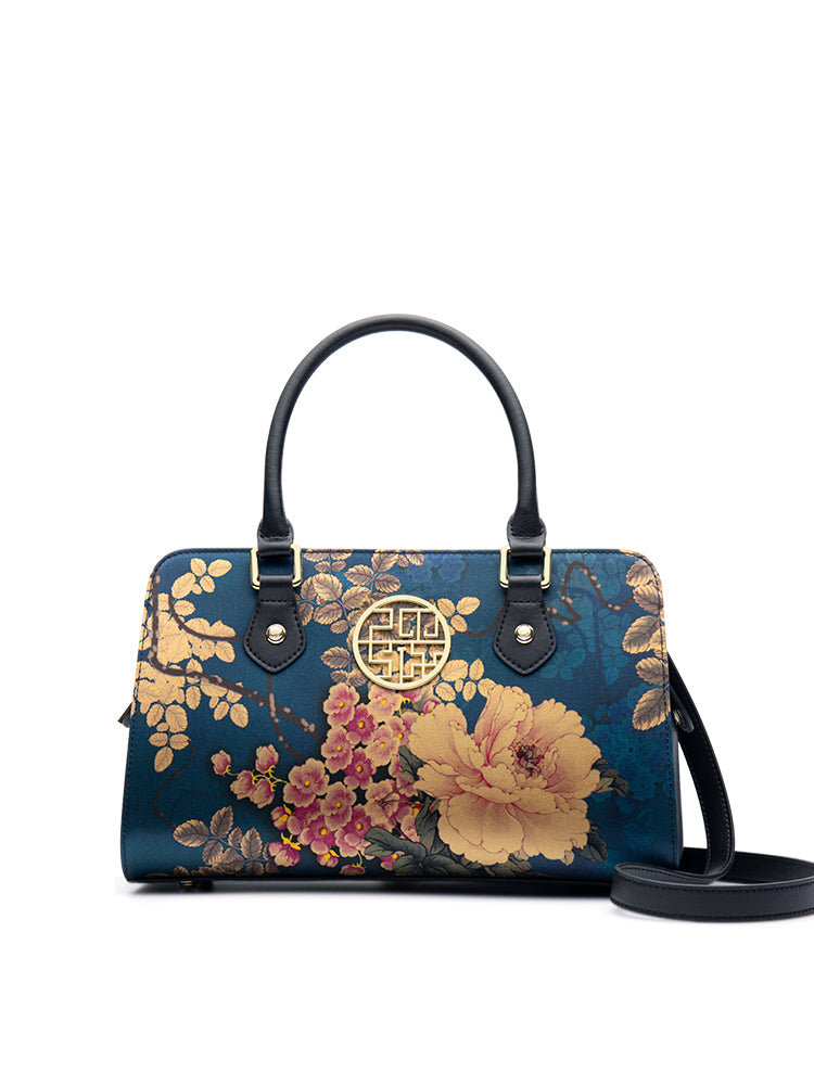 Genuine Silk Messenger Style Handbag with Leather Shoulder Strap.