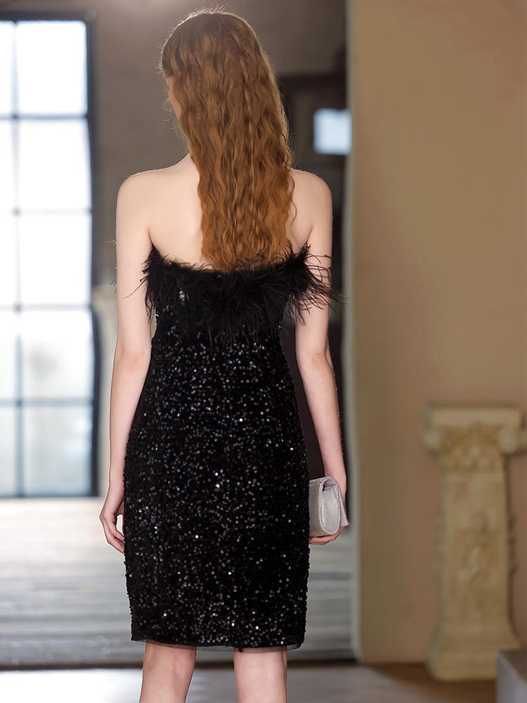 Black Feather Sequins Off-shoulder Banquet Evening Dress