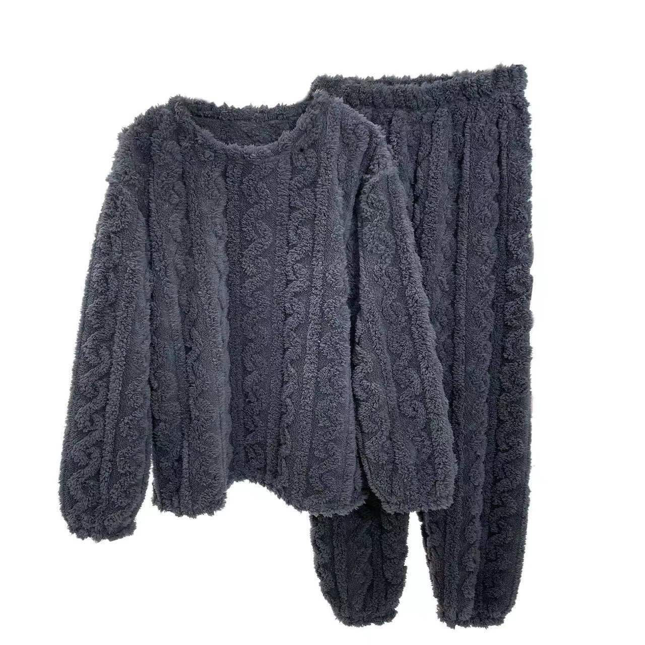 Jacquard Cotton Velvet Warm Suit Pajamas Loungewear - 2 Piece Set