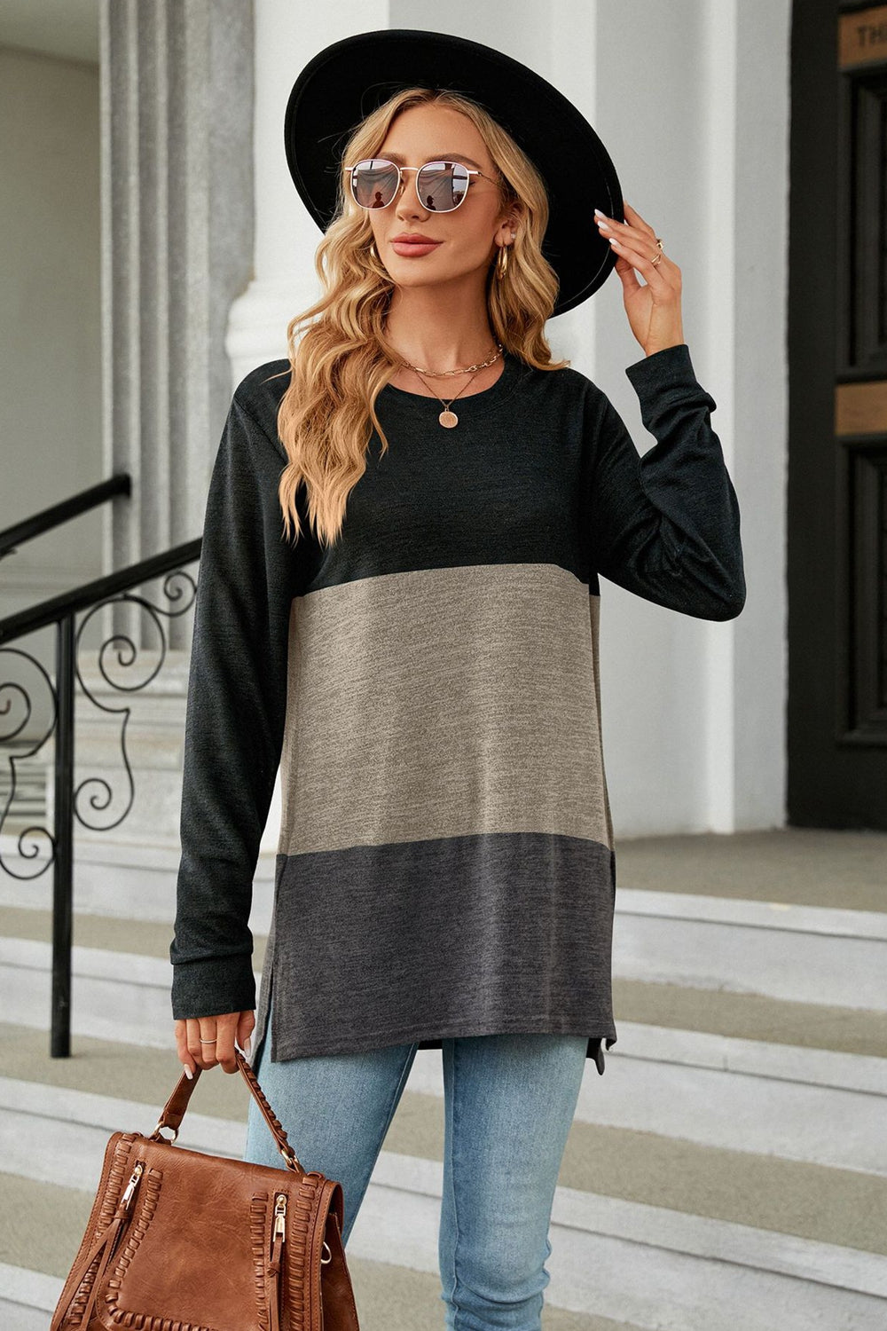 Vibrant Urban  Color Block Round Neck Long Sleeve Top