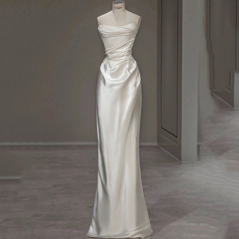 French Satin White  Bridal  Sleeveless  Wedding Dress