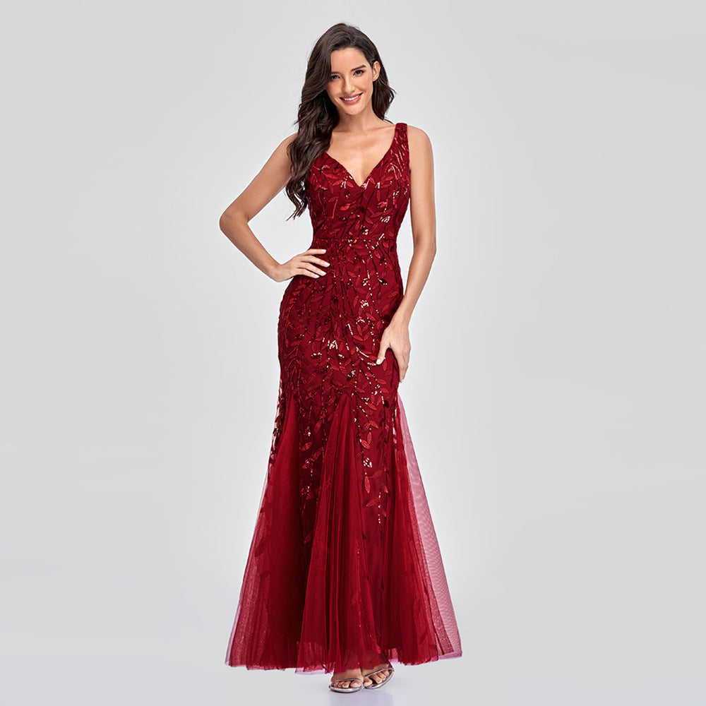 Royal Style Embroidered  Sequin  V-neck Maxi Swing Sleeveless Mermaid   Dress