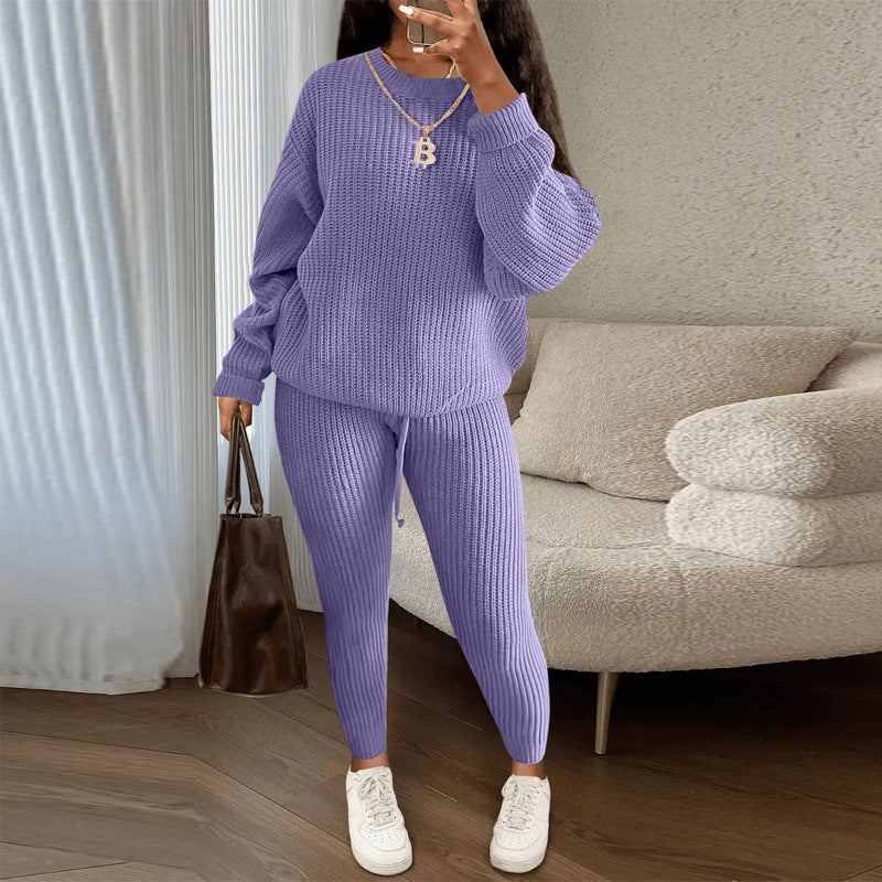 Soft and Cozy  Ribbed Knit 2-piece set Suits with Loose Pullover Sweater Top and Drawstring Pants