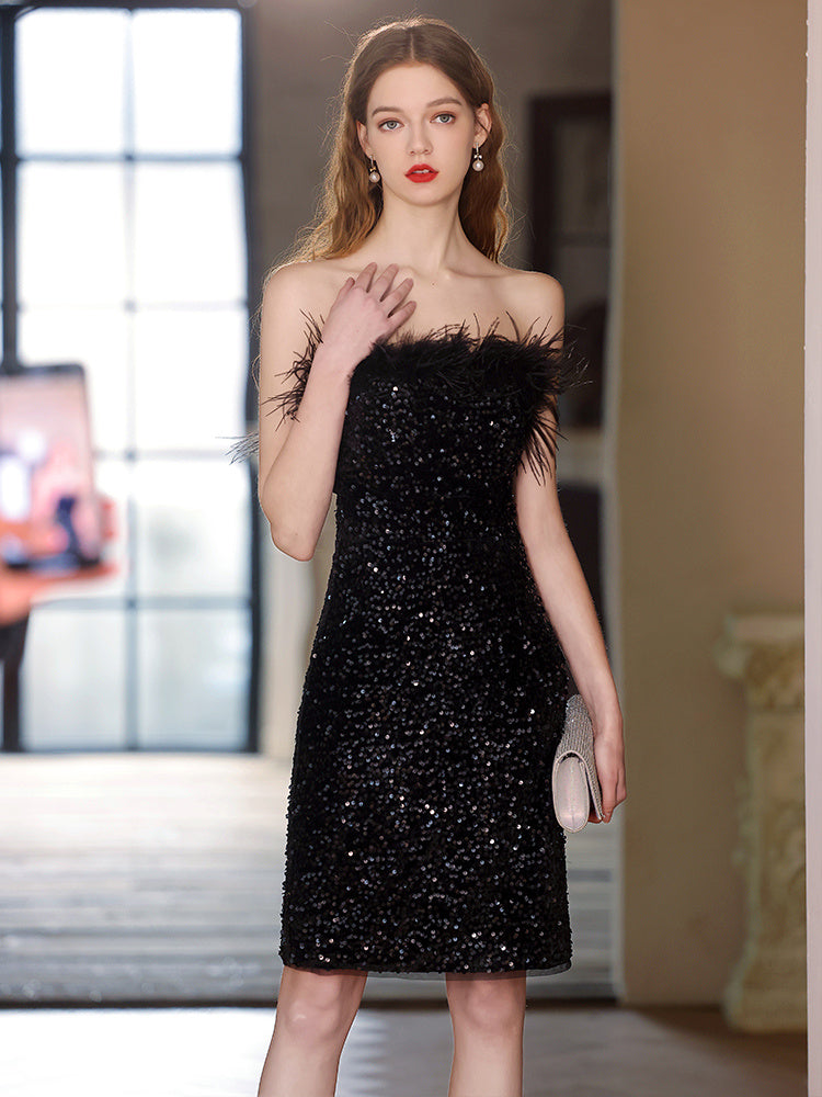 Black Feather Sequins Off-shoulder Banquet Evening Dress