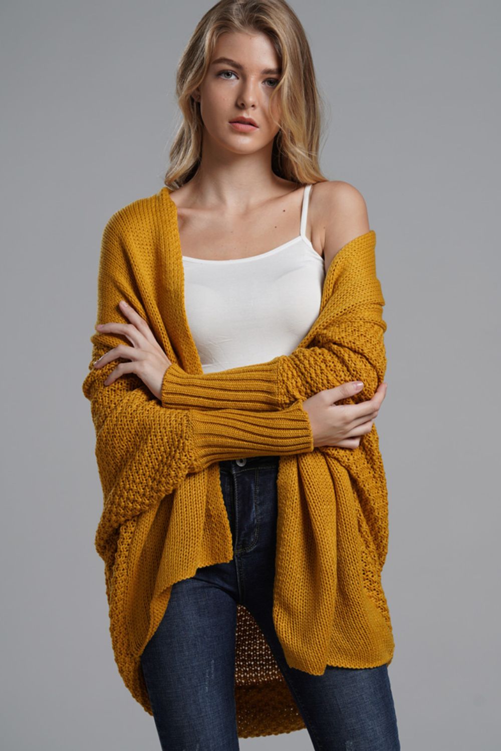 Ease Up Dolman Sleeve Open-Front Long Knit Cardigan