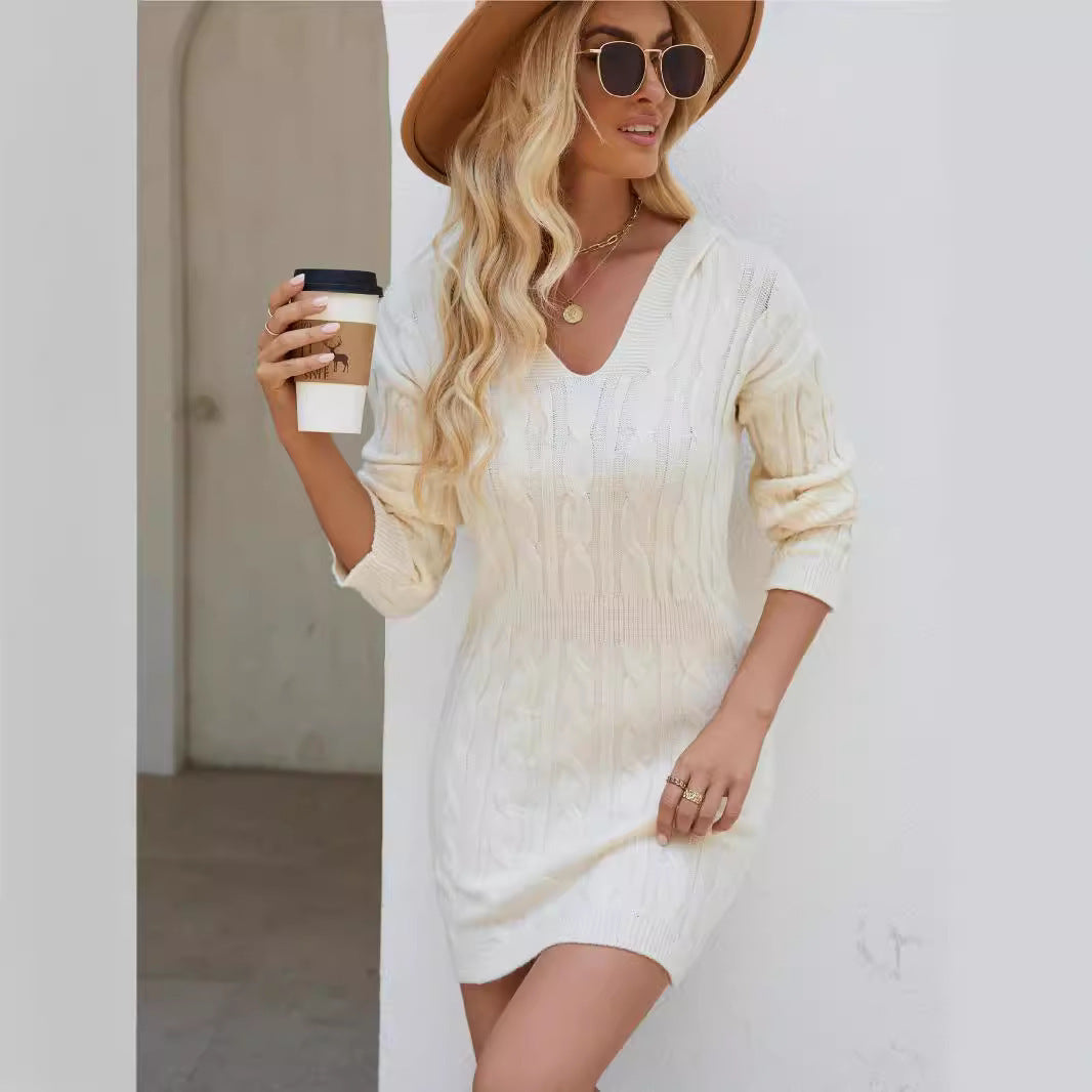 Cashmere Fashion V-Neck Hooded Long Sleeve Knit Hip Dress