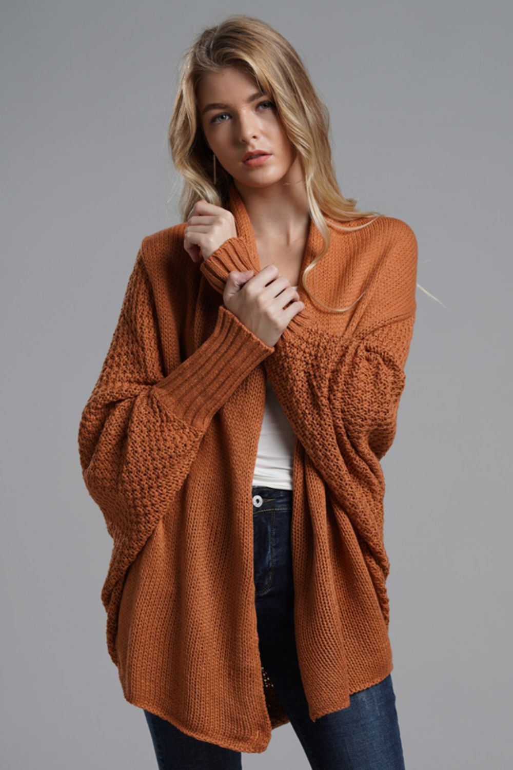 Ease Up Dolman Sleeve Open-Front Long Knit Cardigan
