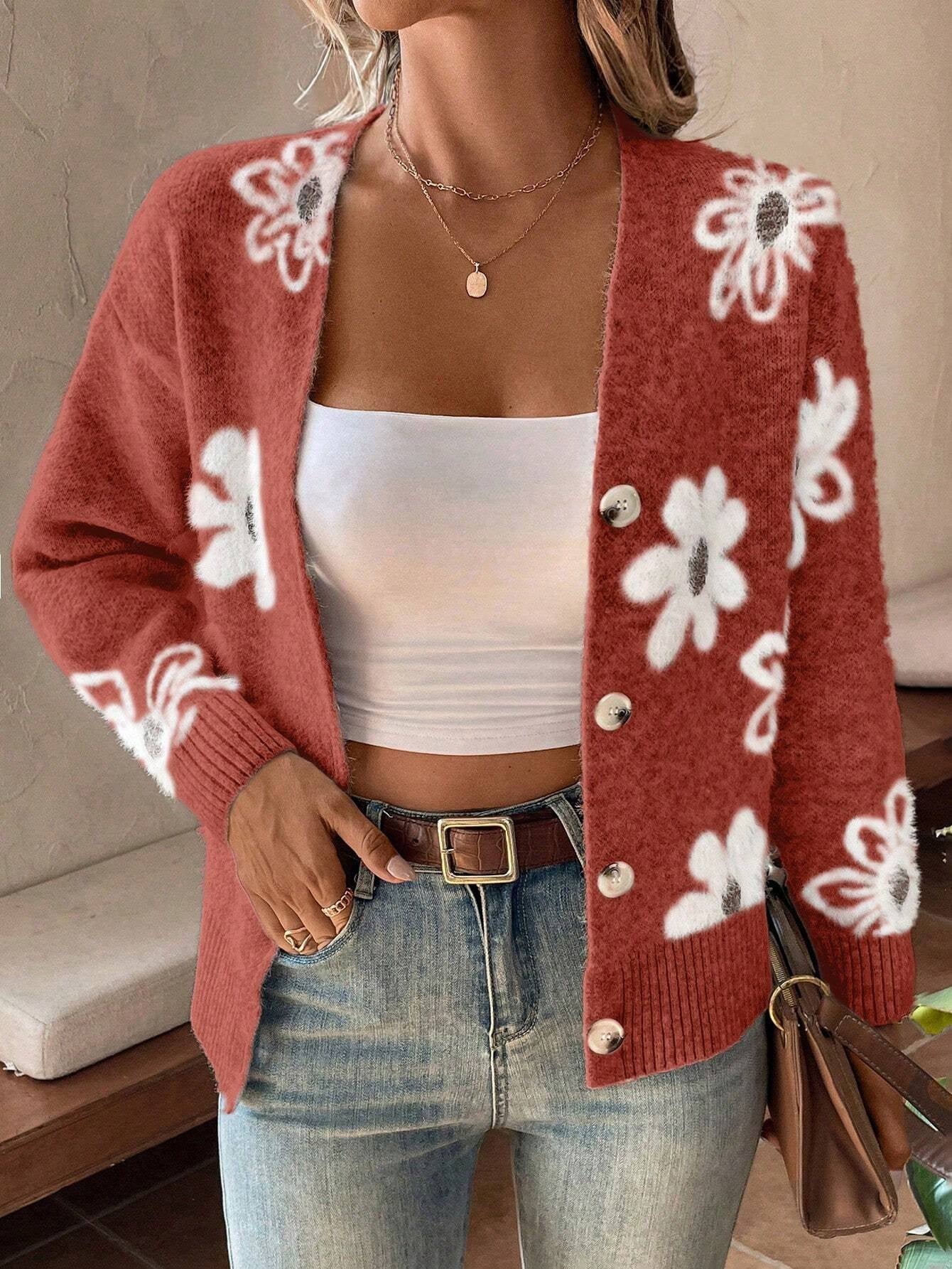 Floral Knit V neck Cardigan with Long Sleeve