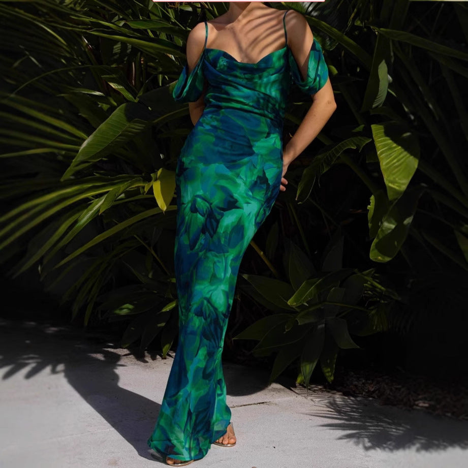 Green Garden Art Style  Backless  Sling Dress