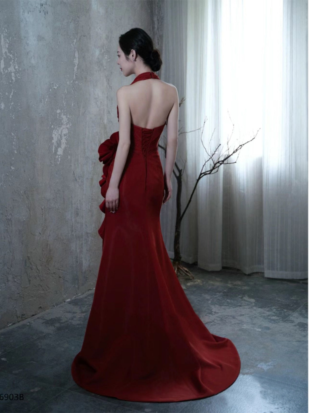 Silk Wine Red Elegant Halter  Dress