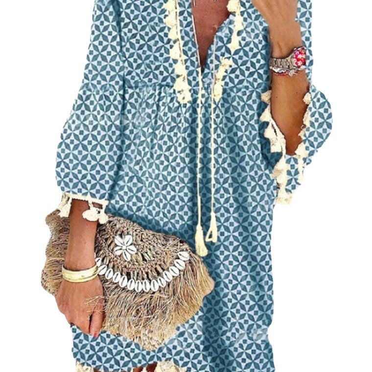Sweet Hippie Style Tassel Ruffled V-Neck Dress