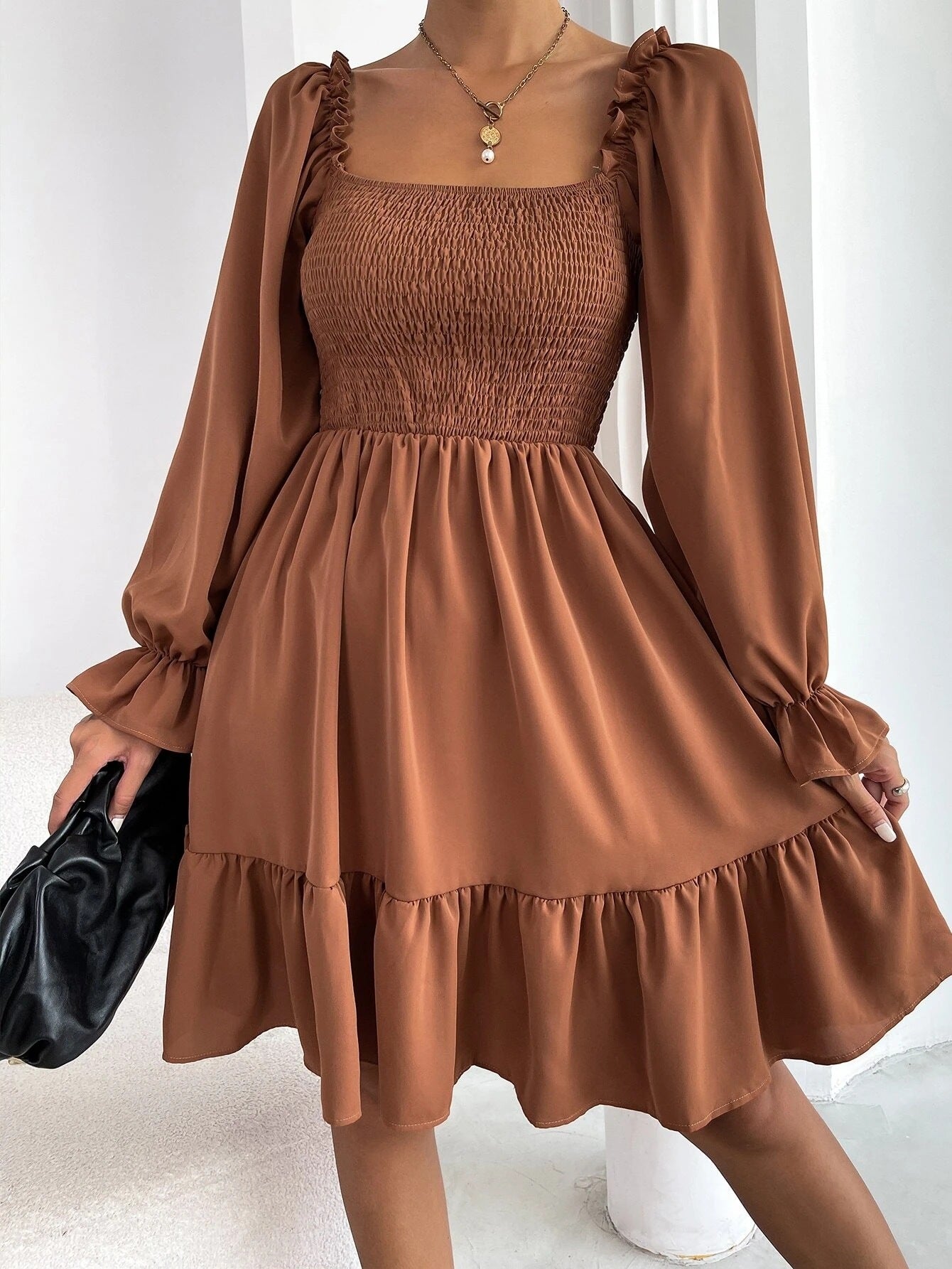 Swing Dress with Flared Long Sleeve Dresses & Square Ruffled Neck