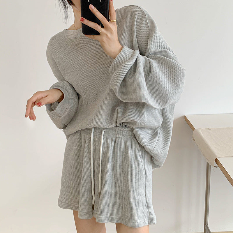 Long Sleeve Waffle Pullover Sweatshirt - 2 Piece Set