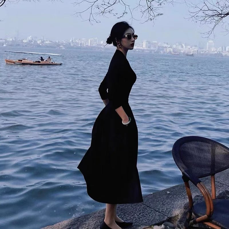 Brocade Cotton Black Evening Slimming V-neck Dress with  Half Sleeve