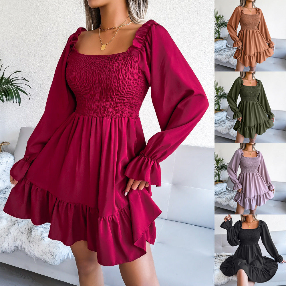 Swing Dress with Flared Long Sleeve Dresses & Square Ruffled Neck
