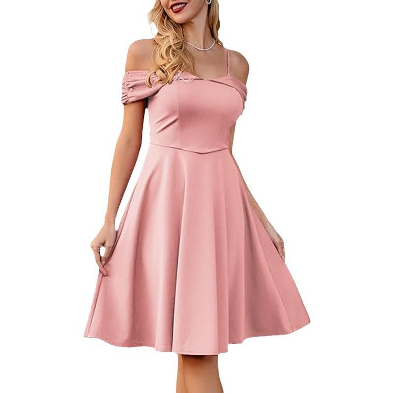 Retro Spaghetti Straps Off-shoulder Waist Dress