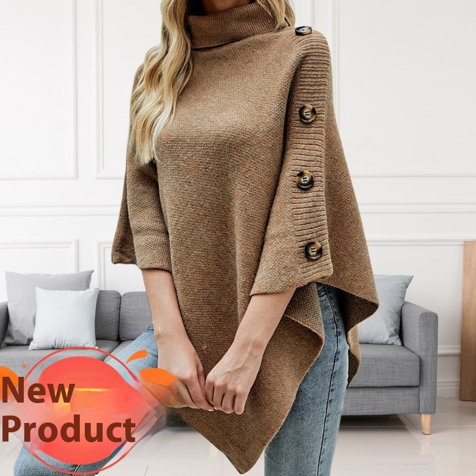 Cozy Charm Solid Color Turtleneck Shawl Cape Slit Knit Sweater
