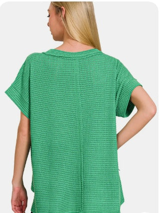Green Waffle Exposed-Seam Short Sleeve T-Shirt