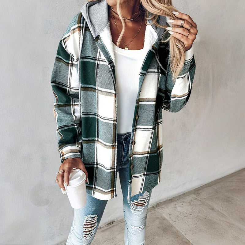 Casual Fall Shirts Shacket Plaid Hoodie Long Sleeve Jacket with Long Sleeve With Pocket and Button Drawstrings