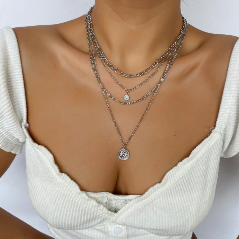Chunky Layered  Coin Charm Necklace Layered Gold & Silver