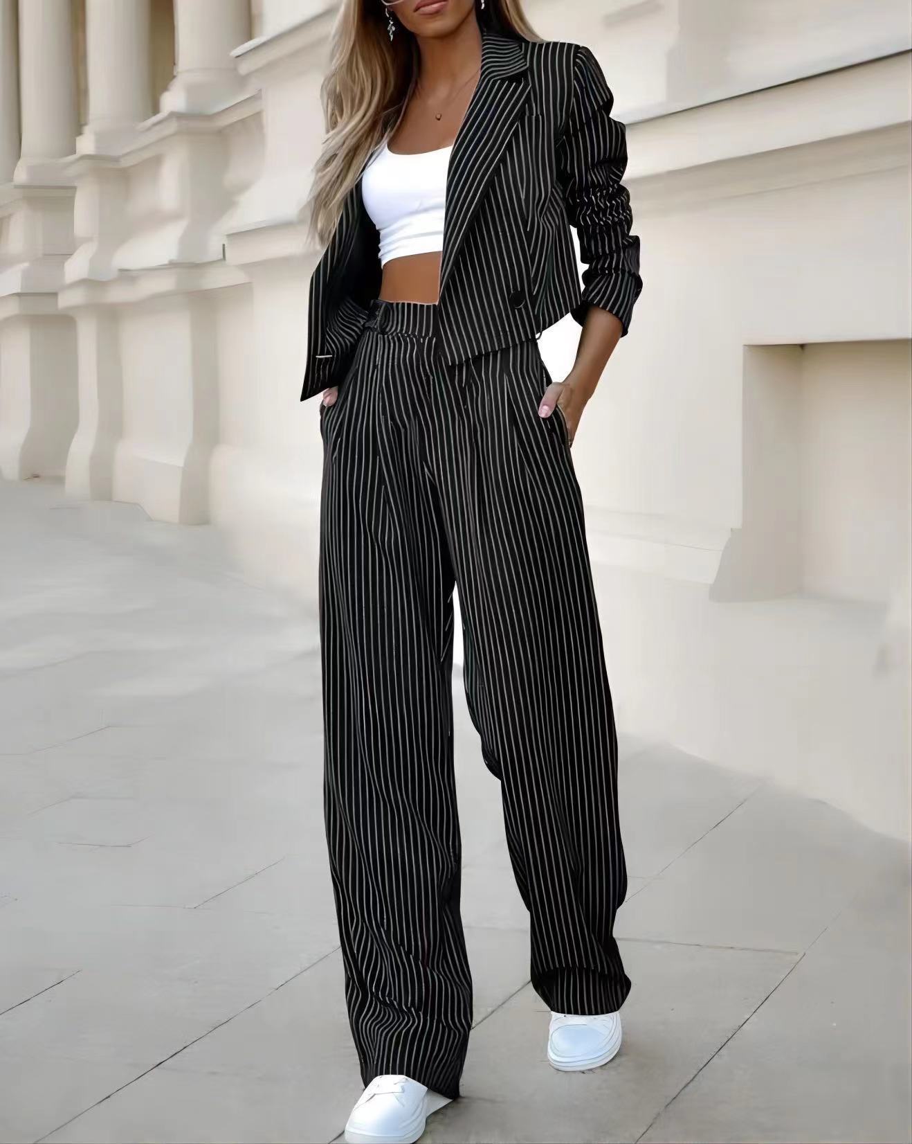 Striped Suits Casual Lapel Outfits with Long Sleeve & Straight Pants Outfits