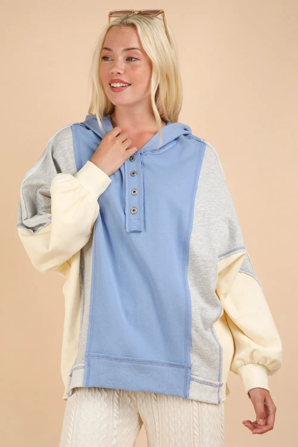 Creamy Blue Color Block Half Button Hoodie