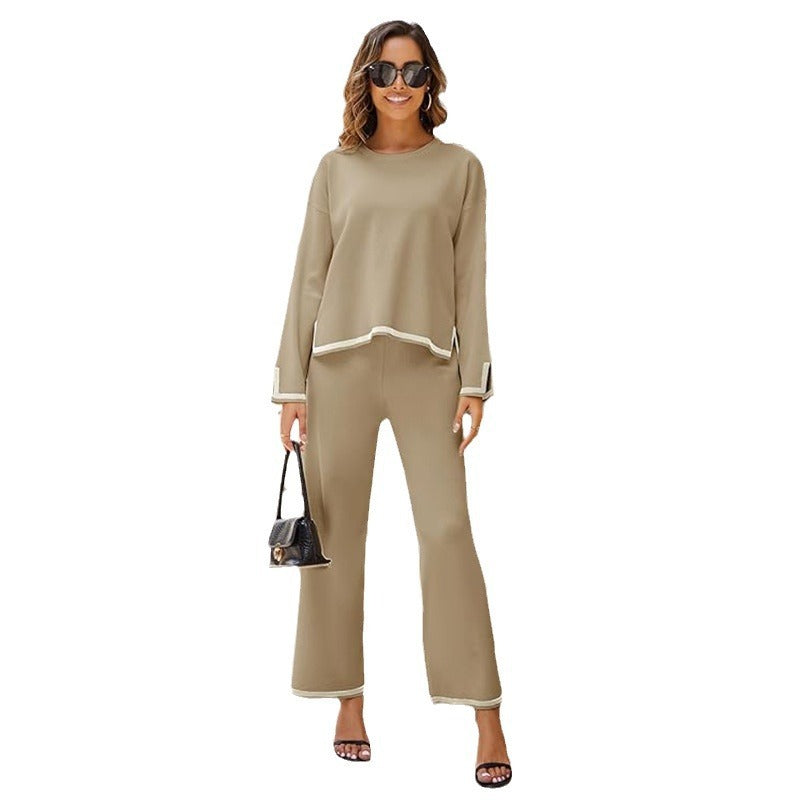 Women's Knitted Long Sleeve Loose Top Wide Leg Pants Suit - 2-Piece Set