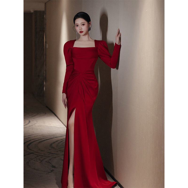 Wine Red Satin Evening Dress  with Long Sleeve