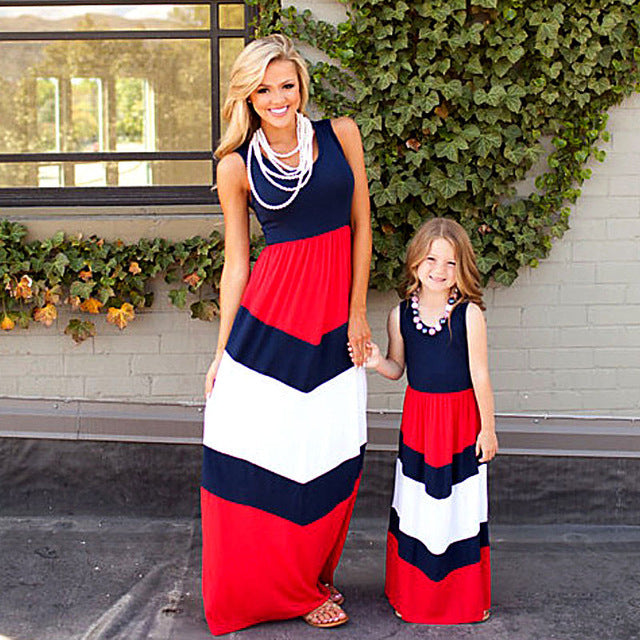 Mom and Daughter Red Stripes Maxi Matching Dresses