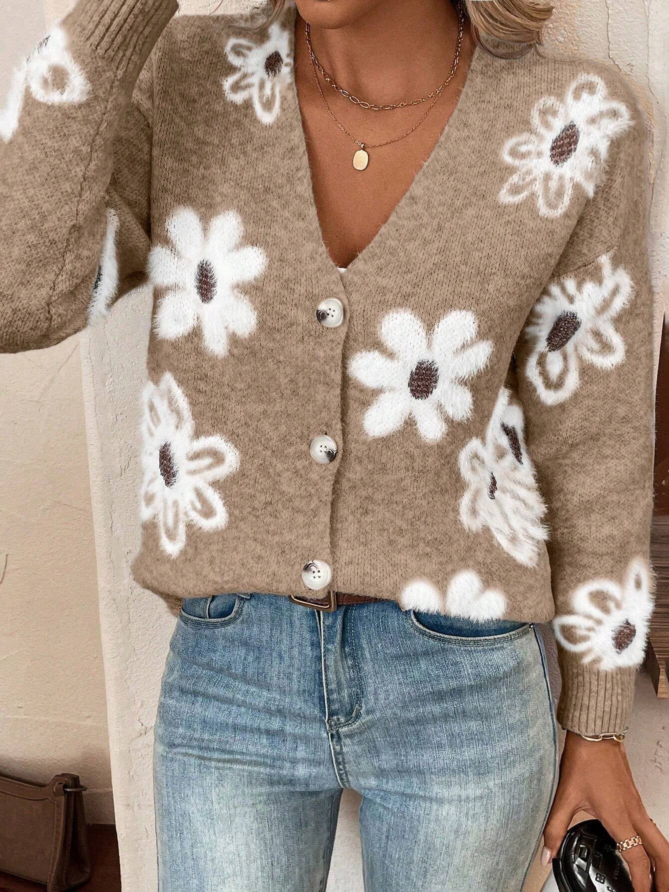 Floral Knit V neck Cardigan with Long Sleeve