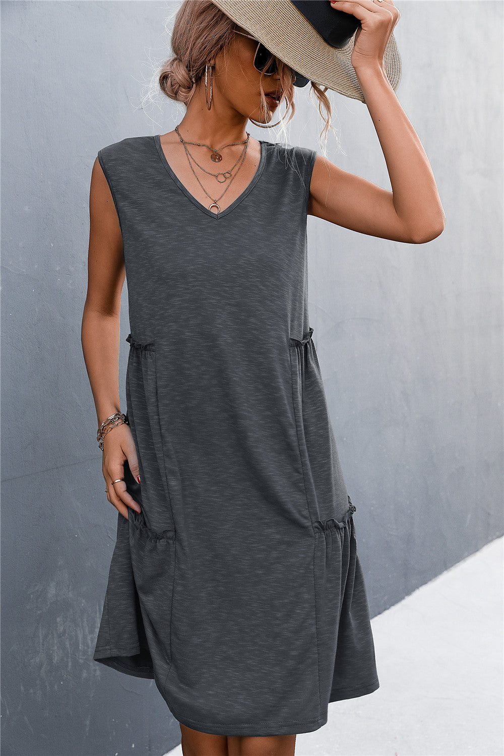 Casual  Chic Style  V-Neck Frill Trim Sleeveless Dress