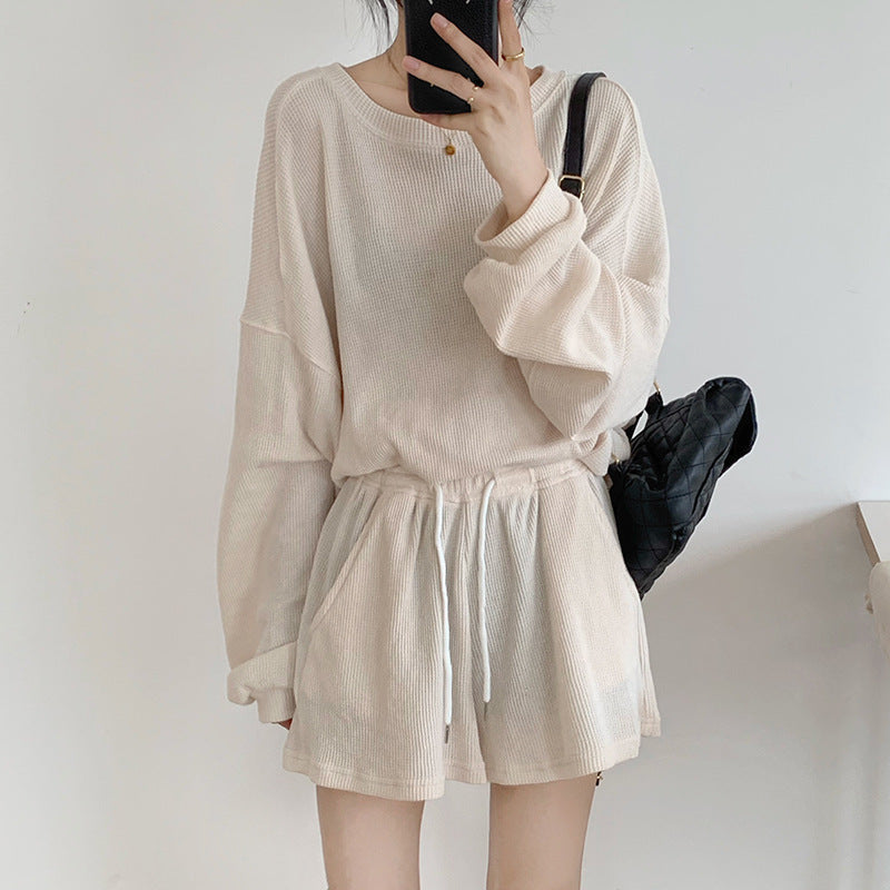 Long Sleeve Waffle Pullover Sweatshirt - 2 Piece Set