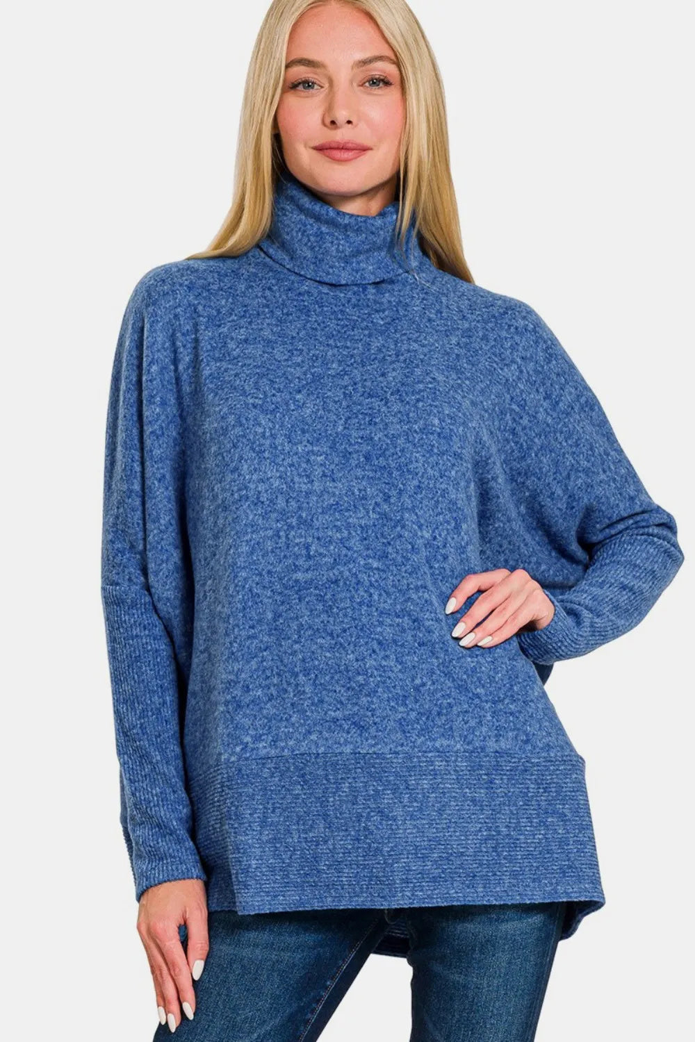 Navy Brushed Melange Turtleneck Sweater
