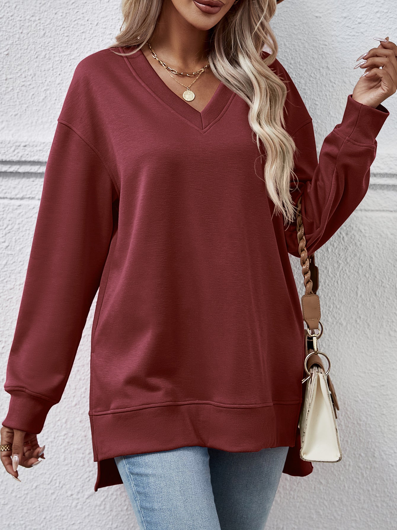Causal Style V-neck Split Front Short Back Long Sweater